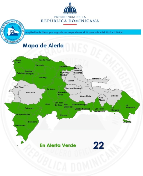 COE amplía a 22 las provincias en alerta verde por incidencia de vaguada COE